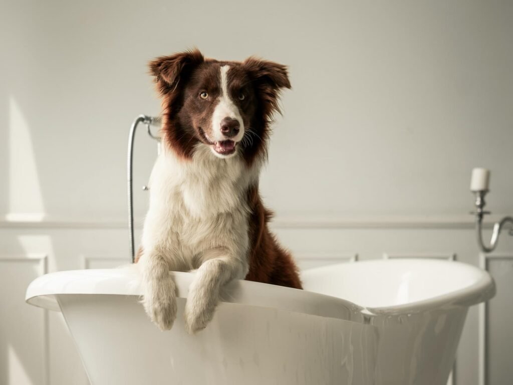 Un chien dans une baignoire